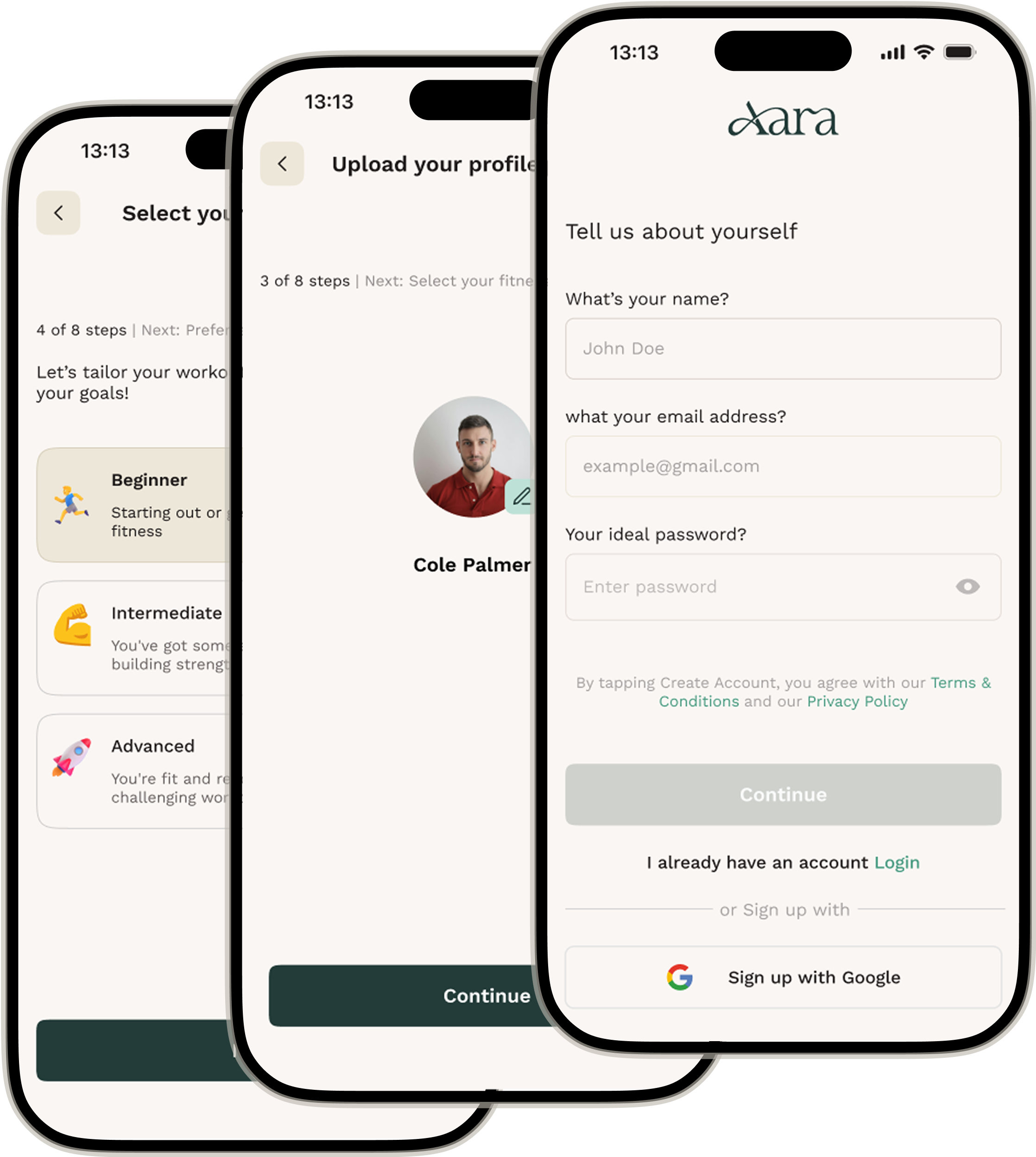 Three phones showing Aara app